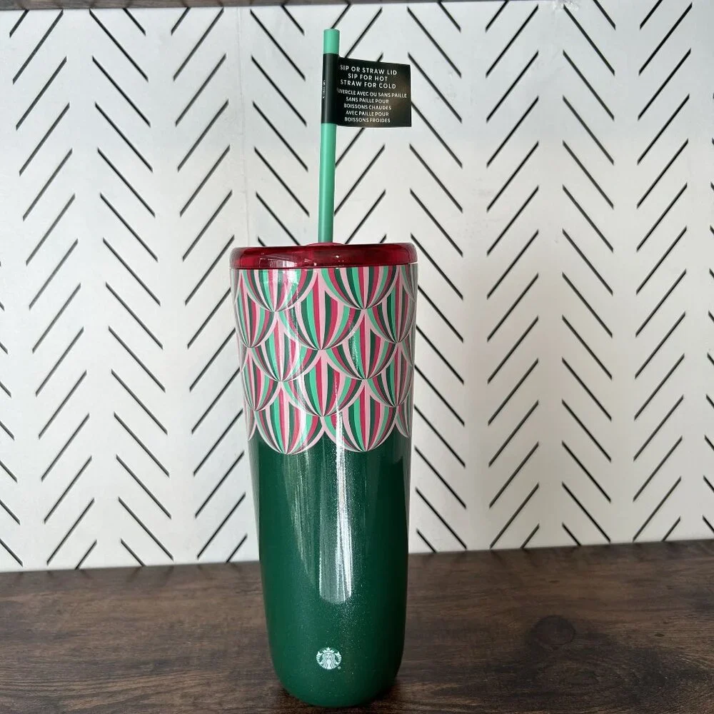 NEW Starbucks Christmas Holiday Sparkle 24 oz Tumbler Cup Straw Hot Cold Travel
